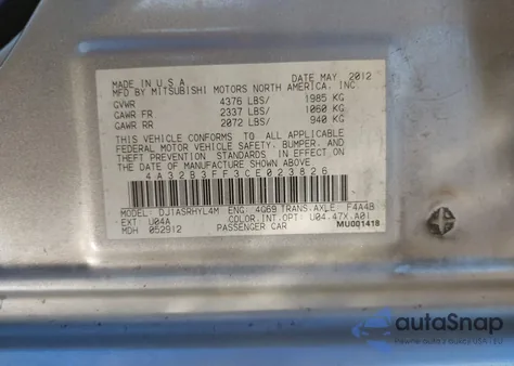 2012 Mitsubishi Galant Es/Se z USA, uszkodzony, nr VIN 4A32B3FF3CE023826